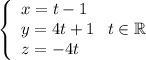 \left \{\begin{array}{lcl} {{x=t-1} \\ {y=4t+1} \\ {z = -4t}}\end{array} \right. t \in \mathbb{R}