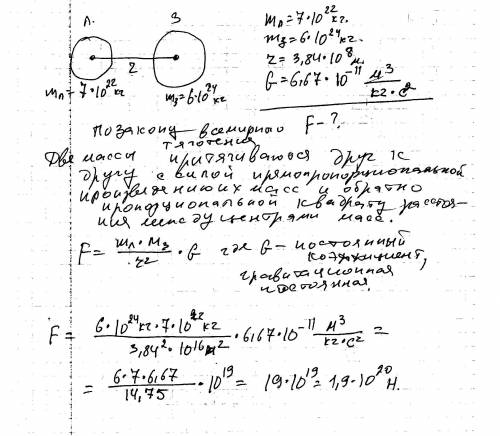 Скакой силой земля притягивает луну если масса земли 6*10^24кг а масса луны 7*10^22кг? расстояние ме