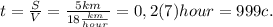 t=\frac{S}{V}=\frac{5 km}{18\frac{km}{hour}}=0,2(7)hour=999c.