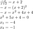 \frac{-x}{x+2}=x+2 \\ -x=(x+2)^2 \\ -x=x^2+4x+4 \\ x^2+5x+4=0 \\ x_1=-4 \\ x_2=-1