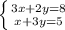 \left \{ {{3x+2y=8} \atop {x+3y =5}} \right.