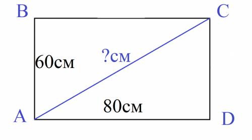 Стороны прямоугольника 60см и 80см. из мерьте диагональ и найдите длину диагонали данного прямоуголь