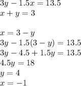 3y-1.5x=13.5\\&#10;x+y=3\\&#10;\\&#10;x=3-y\\&#10;3y-1.5(3-y)=13.5\\&#10;3y - 4.5+1.5y=13.5\\&#10;4.5y=18\\&#10;y=4\\&#10;x=-1