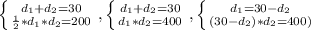 \left \{ {{d_{1}+d_{2}=30} \atop {\frac{1}{2}*d_{1}*d_{2}}=200} \right. , \left \{ {{d_{1}+d_{2}=30} \atop {d_{1}*d_{2}=400}} \right., \left \{ {{d_{1}=30-d_{2}} \atop {(30-d_{2})*d_{2}=400)}} \right.