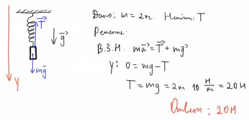 Гиря массой 2 кг подвешена на пружине. какова сила ,с которой пружина действует на гирю? сделайте со