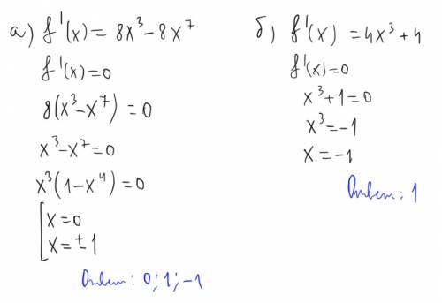 Найдите значение х, при к-ых производная функции f равна нулю: а) f(x)= 2x^4-x^8 б) f(x)= x^4+4x