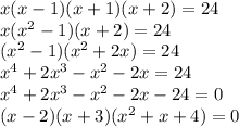 x(x-1)(x+1)(x+2)=24\\&#10;x(x^2-1)(x+2)=24\\&#10;(x^2-1)(x^2+2x)=24\\&#10;x^4+2x^3-x^2-2x=24\\&#10;x^4+2x^3-x^2-2x-24=0\\&#10;(x-2)(x+3)(x^2+x+4)=0