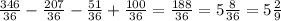 \frac{346}{36} - \frac{207}{36}- \frac{51}{36}+ \frac{100}{36}= \frac{188}{36}=5 \frac{8}{36}=5 \frac{2}{9}