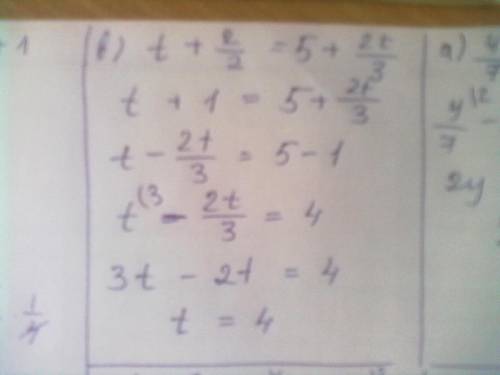 Решите уравнение: а)у/7+1=y/14 б)у-5/3=y/5+1 в)t+2/2=5+2t/3 г)х^2-х/2-х+1/3=1 д)у^2/5=11/2+у/10