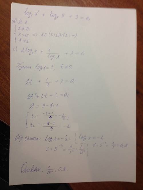 Решите уравнение log 5 (x^2) + log x (5) + 3 = 0