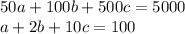 50a+100b+500c=5000\\&#10;a+2b+10c=100\\&#10;&#10;