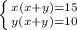 \left \{ {{x(x+y)=15} \atop {y(x+y)=10}} \right.