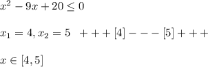 x^{2} -9x+20 \leq 0\\\\x_1=4, x_2=5\; \; + + + [4]- - - [5]+ + + \\\\x\in [4,5]