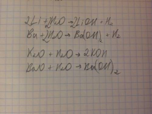 1. напишите уравнение реакций, поставьте коэффициенты: а) li + h2o -> б) ba + h2o -> в) k2o +