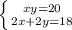 \left \{ {{xy=20} \atop {2x+2y=18}} \right.