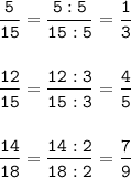 \tt\displaystyle \frac{5}{15}=\frac{5:5}{15:5}=\frac{1}{3}\\\\\\\frac{12}{15}=\frac{12:3}{15:3}=\frac{4}{5}\\\\\\\frac{14}{18}=\frac{14:2}{18:2}=\frac{7}{9}