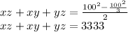 xz+xy+yz=\frac{100^2-\frac{100^2}{3}}{2}\\&#10;xz+xy+yz=3333