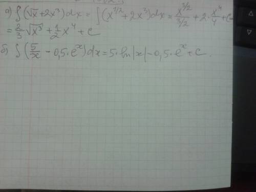 Найдите общий вид первообразных для функций: а)f(x)=√x+2x^3 б)f(x)5/x-0,5e^x