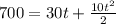 700=30t+ \frac{10 t^{2} }{2}