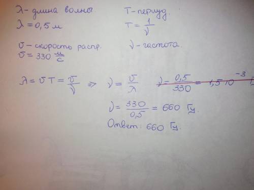 Какова частота колебаний комертона,если длина звуковой волны 50см,а скорость ра волн 330 м/с.опишите