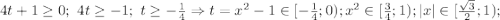 4t+1\ge 0;\ 4t\ge -1;\ t\ge -\frac{1}{4}\Rightarrow t=x^2-1\in[-\frac{1}{4};0); x^2\in[\frac{3}{4};1); |x|\in[\frac{\sqrt{3}}{2};1);