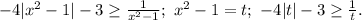 -4|x^2-1|-3\ge \frac{1}{x^2-1};\ x^2-1=t;\ -4|t|-3\ge \frac{1}{t}.