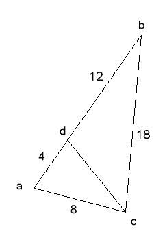 Втреугольнике авс ас=8см,вс=18 см, точка d принадлежит сторене ав причём аd 4см, вd =12см., найдите