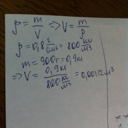 Сосуд вмещает 900 граммов керосина. найти объем этого сосуда, если плотность керосина 0,8г/см^3