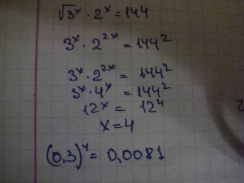 Пусть x0-корень уравнения корень из 3^x*2^x=144. найдите (0,3)^x0.