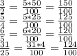 \frac{3}{2} = \frac{5*50}{100} = \frac{150}{100} \\ \frac{5}{4} = \frac{5*25}{100}= \frac{125}{100} \\ \frac{6}{5} = \frac{6*20}{100}= \frac{120}{100} \\ \frac{31}{25} = \frac{31*4}{100} = \frac{124}{100}