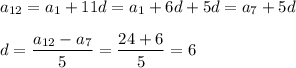 a_{12}=a_1+11d=a_1+6d+5d=a_7+5d\\ \\ d=\dfrac{a_{12}-a_7}{5}=\dfrac{24+6}{5}=6