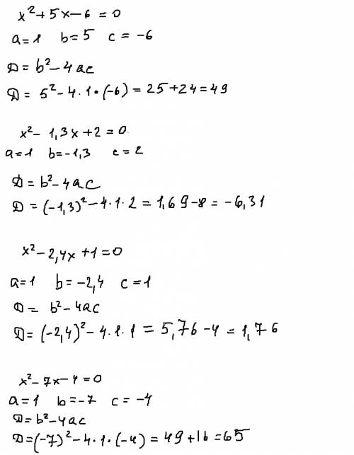 Найдите дискриминант квадратного уравнения: а) x^2+5x-6=0 б) x^2-1,3x+2=0 в) x^2-2,4+1=0 г) x^2-7x-4