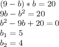 (9-b)*b=20 \\ &#10;9b- b^{2}=20 \\ &#10;b^{2} -9b+20=0 \\ &#10; b_{1}=5 \\ &#10;b_{2}=4