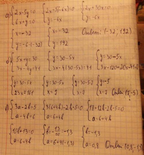 Решение линейных уравнений и систем линейных уравнений а)2x-5y=0 6x+y=0 б)5x+y=30 3x-4y=41 в)3a-2b=6