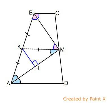 Втрапеции abcd ,биссектриса угла bad проходит через точку м которая является серединой cd. известно,