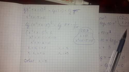 Решить уравнение: 1/2lg(x2+x-5)=lg5x+lg1/5x