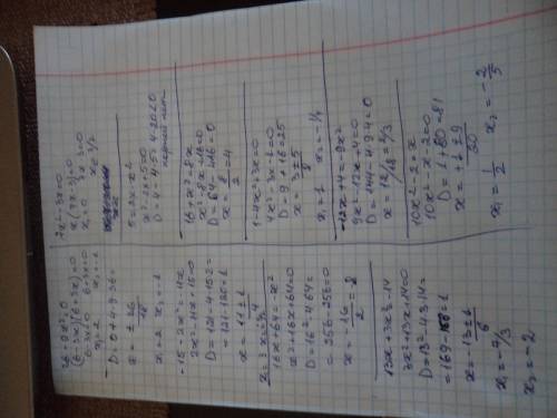 Дескрименант: 36-9x^2=0, -15-2x^2=-11x, -0,36-x^2=0, 16x+64=-x^2, 13x+3x^2=-14, 7x^2-3x=0, 5=2x-x^2,