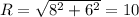 R=\sqrt{8^2+6^2}=10