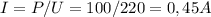 I=P/U=100/220=0,45A