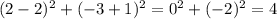 (2-2)^2+(-3+1)^2=0^2+(-2)^2=4