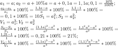 a_{1}=a;&#10;a_{2}=a+10\%a=a+0,1a=1,1a; 0,1= \frac{10\%}{100\%};\\&#10;\frac{a_{2}-a_{1}}{a_{1}}*100\%= \frac{1,1a-a}{a}*100\%= \frac{1,1-1}{1}*100\%=\\&#10;=0,1*100\%=10%; &#10;S_{1}=a_{1}^2; S_{2}=a_{2}^2;\\&#10;V_{1}=a_{1}^3; V_{2}=a_{2}^{3}\\&#10; \frac{S_{2}-S_{1}}{S_{1}}*100\%= \frac{(1,1a)^2-a^2}{a^2}*100\%= \frac{1,1^2a^2-a^2}{a^2}*100\%=\\&#10; \frac{1,21-1}{1}*100\%=0,21*100\%=21\%;\\&#10; \frac{V_{2}-V_{1}}{V_{1}}*100\%= \frac{(1,1a)^3-a^3}{a^3}*100\%= \frac{(1,1)^3a^3-a^3}{a^3}*100\%\\&#10;