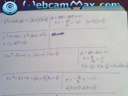 Разложите на множетели 1) b²+10b+25 2) c²-c+16 3) 16x²-8x+1 4) 4c²+12c+9 5)x⁴+2x²y+y² 6) a⁶+6a³b²+9b