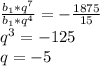 \frac{b_1*q^7}{b_1*q^4}=-\frac{1875}{15} \\ q^3=-125 \\ q=-5