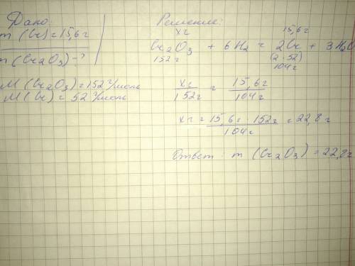 Какая масса оксида хрома 3 вступила в реакцию с водородом, если восстановилось 15,6 хрома