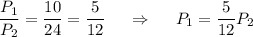 \dfrac {P_1}{P_2}=\dfrac{10}{24}=\dfrac 5{12}~~~~\Rightarrow~~~~P_1=\dfrac 5{12}P_2