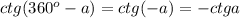 ctg(360^o-a)=ctg(-a)=-ctg a