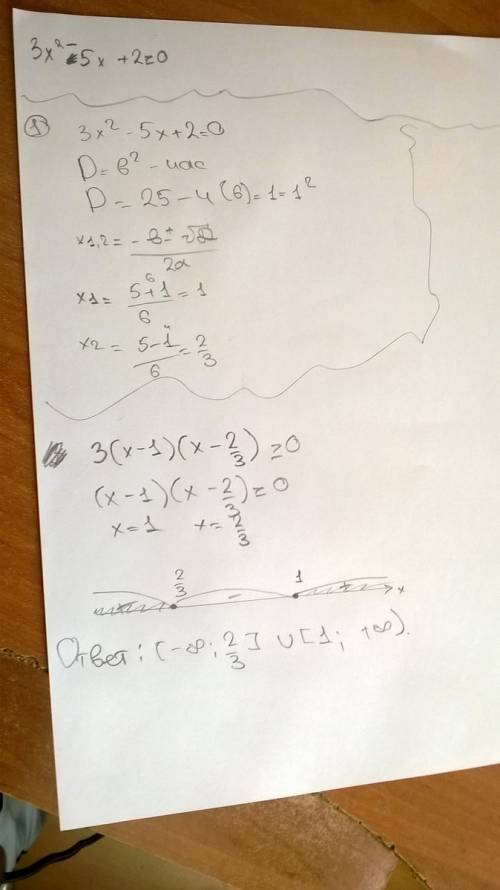 3x²-5x+2≥0 решите неравенство и решение