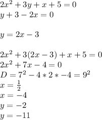 2x^2+3y+x+5=0\\&#10;y+3-2x=0\\\\&#10;y=2x-3\\\\&#10;2x^2+3(2x-3)+x+5=0\\&#10;2x^2+7x-4=0\\&#10;D=7^2-4*2*-4=9^2\\&#10;x=\frac{1}{2}\\&#10;x=-4\\&#10;y=-2\\&#10;y=-11