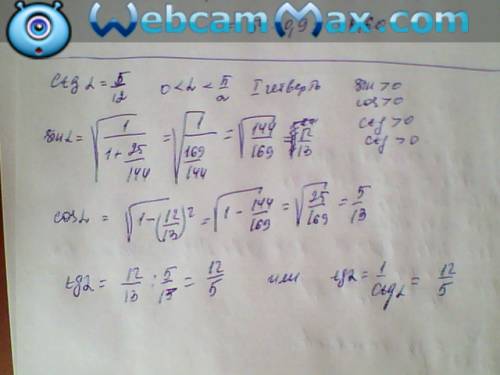 Найдите значение sin a, cos a, tg a, если ctg a=5/12 и 0