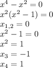 x^4-x^2=0 \\ x^2(x^2-1)=0 \\ x_{1,2}=0 \\ x^2-1=0 \\ x^2=1 \\ x_3=-1 \\ x_4=1